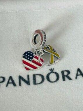 Pandora Heart, Flag & Remembrance Ribbon Double Dangle Charm